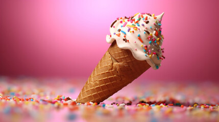 An illustration of an ice cream cone with hundreds and thousands sprinkles falling on it against a pink background. A.I. generated.