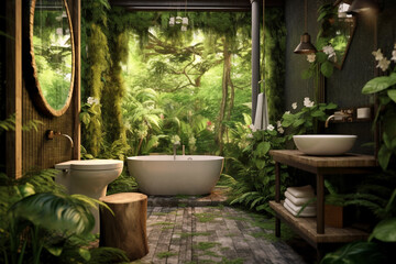 Ultra modern and futuristic bathroom with bath and huge palms on background, dramatic light, created with Generative AI Technology