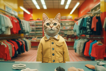 anthropomorphic cat in human clothes in a clothing store, created with Generative AI Technology