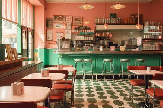 The bright and colorful interior of an American roadside cafe in the style of the 1950s, created with Generative AI Technology