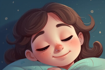 cartoon illustration of a little girl sleeping on a pillow, created with Generative AI Technology