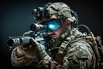 Fototapeta na wymiar Close-up studio photo. elite unit, special forces soldier in camouflage uniform holding an assault rifle with a laser sight made with Generative AI