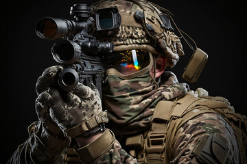 Close-up studio photo. elite unit, special forces soldier in camouflage uniform holding an assault rifle with a laser sight made with Generative AI