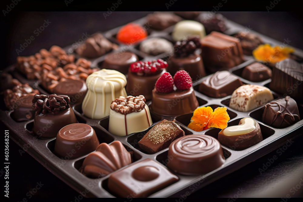 Poster assorted chocolates in a box. chocolate candies. generative ai