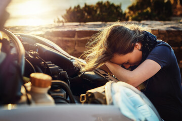 Breakdown, car and stress, sad woman in need of help from roadside assistance and auto service....