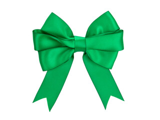 Green satin ribbon bow cut out isolated on white background.