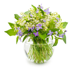 lilly of valley flowers in glass vase isolated on white background.