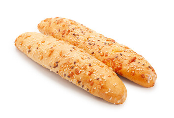 two french baguettes with creative flavor isolated on white background