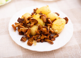 delicious forest mushrooms chanterelles with young potatoes fried on white plate