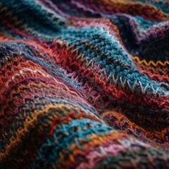 handmade, knitted blanket with intricate patterns and multicolored threads