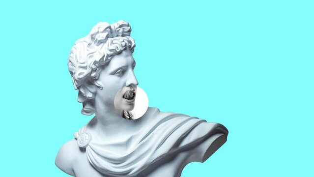 Stop motion, animation. Antique statue bust with female tongue sticking out and moving. Modern design. Contemporary colorful art. Concept of art, creativity, emotions, humor, fun. Copy space for text