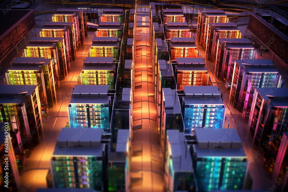 Poster An aerial view image of a data center facility, showcasing rows of database servers neatly aligned in a high-security environment.  Generative AI technology.