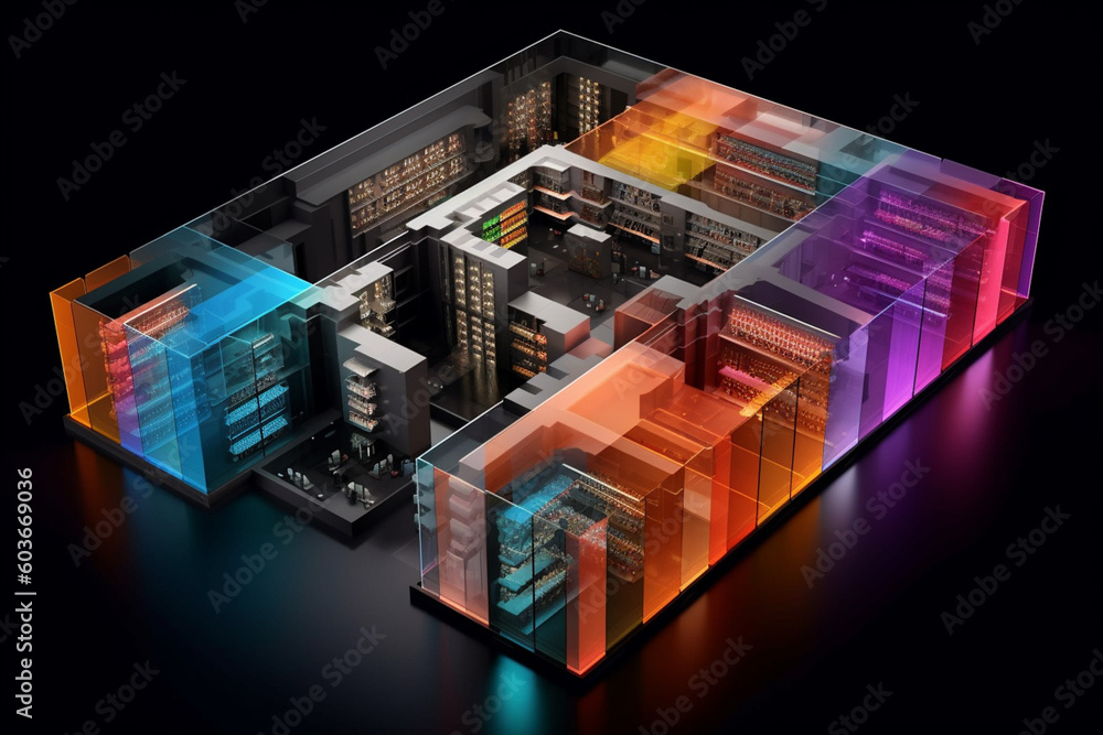 Poster layout and design of a data center, highlighting the strategic placement of database servers for eff