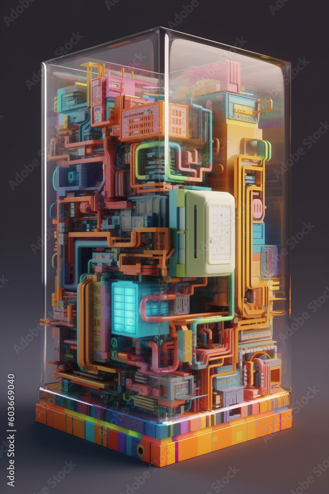 Poster epresenting a stylized version of a database server, exploring the intersection of technology and ar