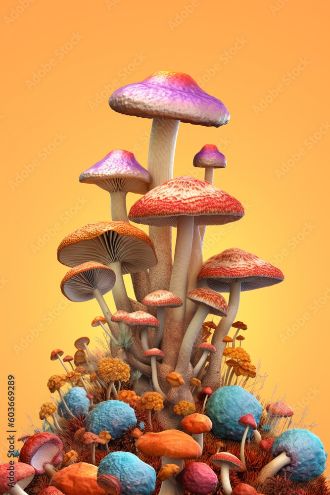 Aufkleber a digital illustration of a variety of mushrooms, showcasing different shapes, colors, and textures,
