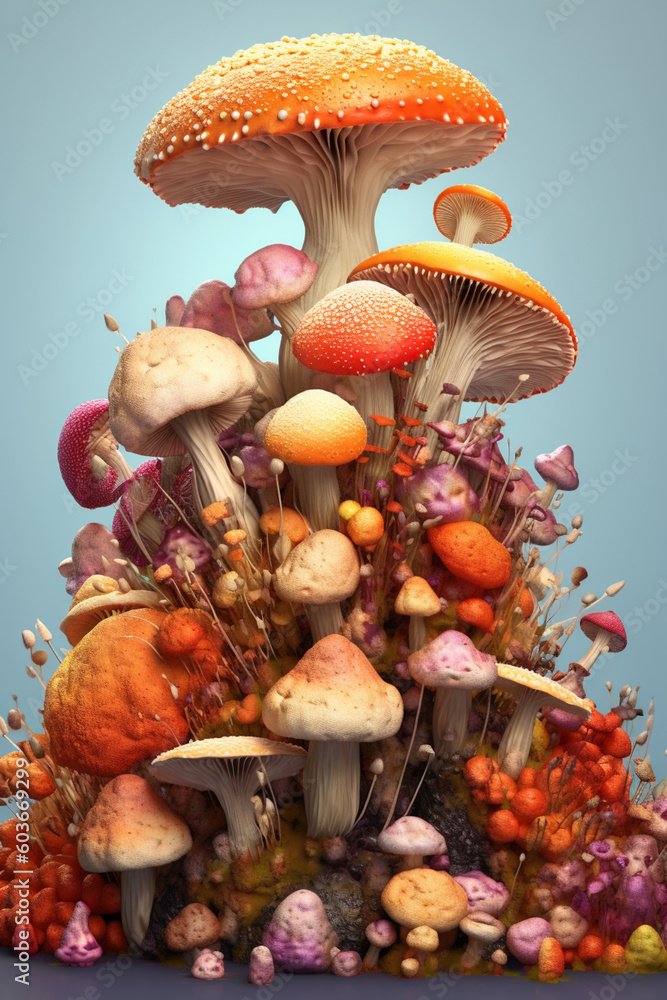 Aufkleber a digital illustration of a variety of mushrooms, showcasing different shapes, colors, and textures,