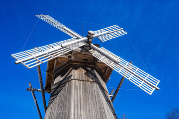 Wooden windmill in Malye Korely architecture museum, Arkhangelsk region, Russia