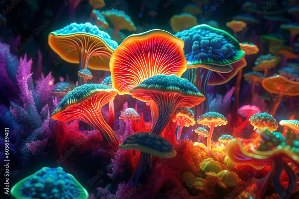 Poster  A digital rendering of psychedelic mushrooms, with vibrant and surreal colors, representing their hallucinogenic properties and cultural significance.  Generative AI technology.