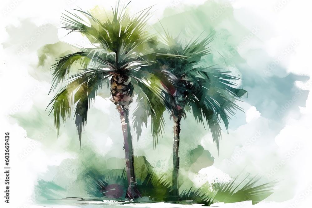 Poster an artwork created digitally of two palm trees. generative ai