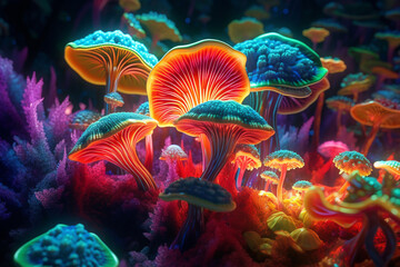 Fototapeta na wymiar A digital rendering of psychedelic mushrooms, with vibrant and surreal colors, representing their hallucinogenic properties and cultural significance. Generative AI technology.