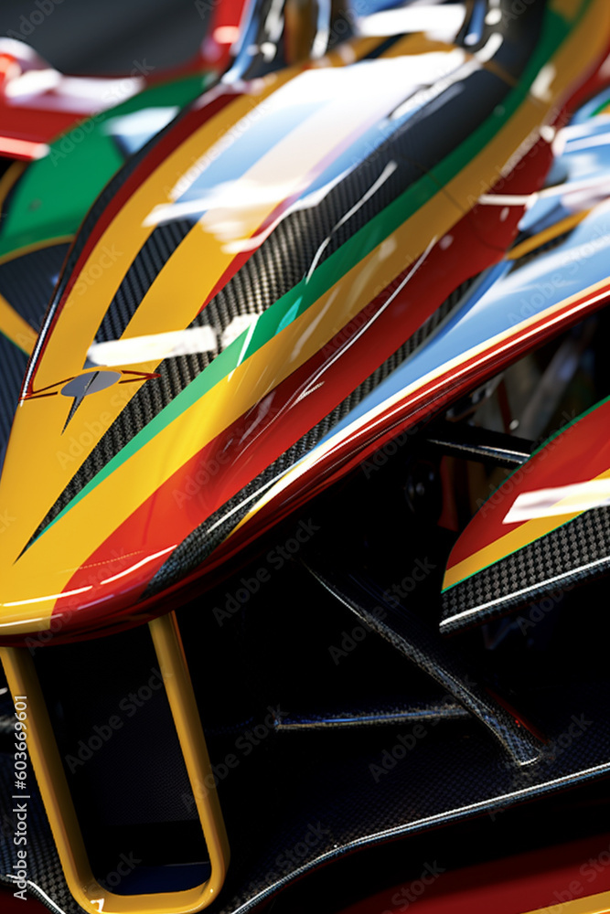 Fototapete a close-up photograph of a racing car's front grille, showcasing the intricate design and aerodynami
