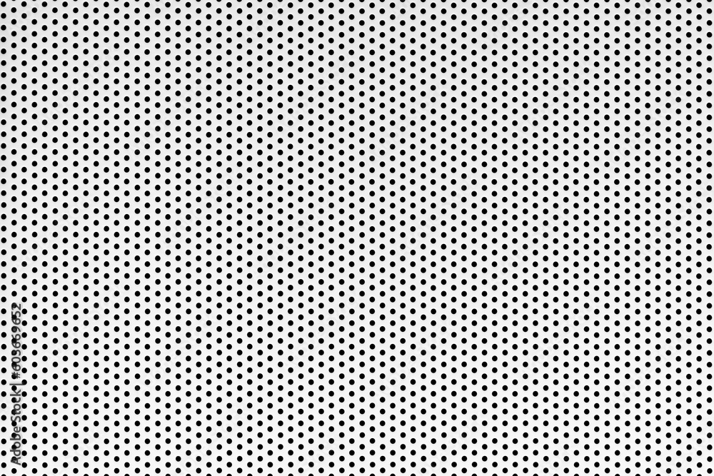 Wall mural metal grid background with black holes, white pattern backdrop with dots in a grid