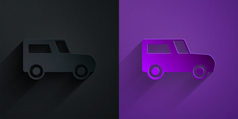 Paper cut Car icon isolated on black on purple background. Paper art style. Vector