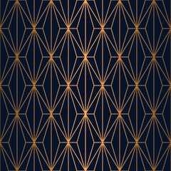 Art deco seamless pattern with gold square and line on blue background, luxury wallpaper with geometric shape, vector illustration.