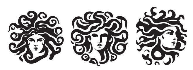 Ancient greek Gorgon Medusa, woman head logo vector illustration