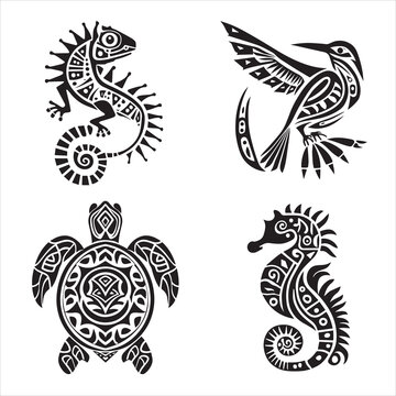Aztec style animals turtle, bird, lizard logo vector illustration silhouette