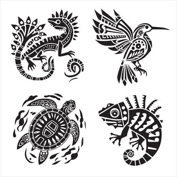 Aztec style animals turtle, bird, lizard logo vector illustration silhouette
