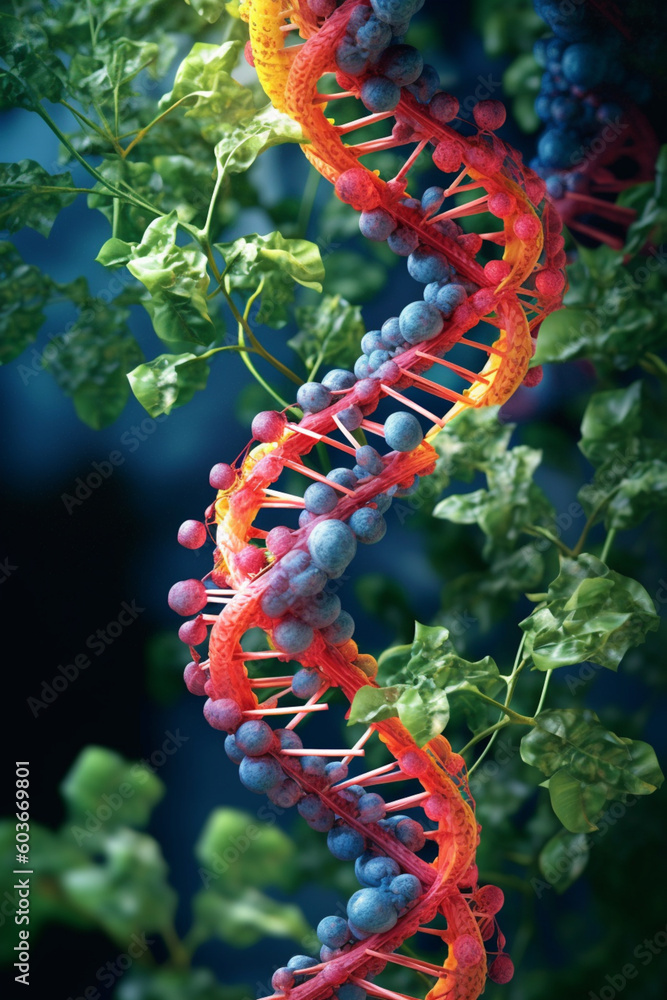 Poster An artistic representation of a DNA molecule made of intertwined branches and leaves, symbolizing the interconnectedness  Generative AI technology.