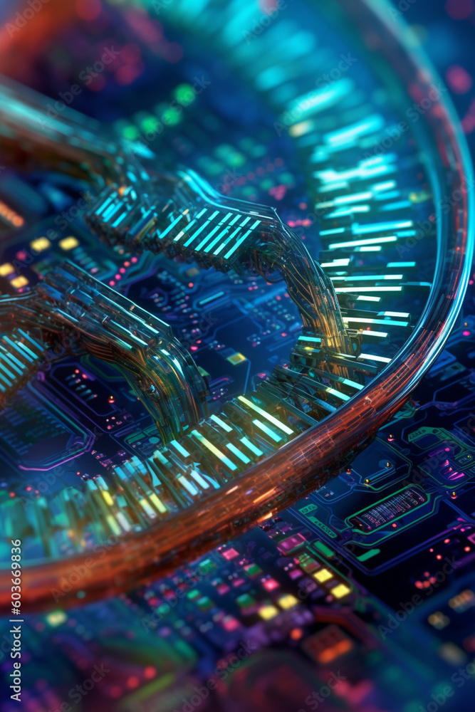 Aufkleber a composite image combining a dna helix and a circuit board, merging biology and technology to symbo