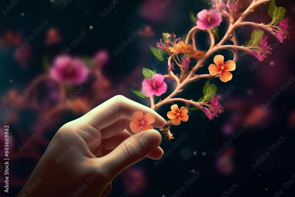 Poster  A digital illustration featuring a DNA molecule extending into a hand reaching out to touch a flower,  Generative AI technology.