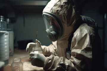 A military scientist prepares an advanced bioweapon in a secret military laboratory