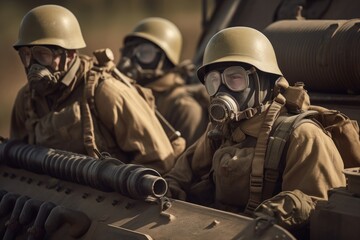 Soldiers with helmets and gas masks in a military vehicle in close up 