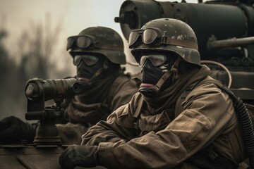 Soldiers with helmets and gas masks in a military vehicle in close up