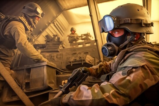 Soldiers with helmets and gas masks in a military vehicle in close up