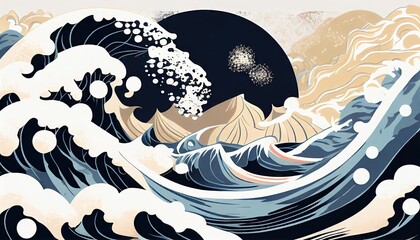 Japanese traditional Ukiyoe beige and blue Rough waves in the distance competing with Mt. Fuji Abstract, Elegant and Modern AI-generated illustration