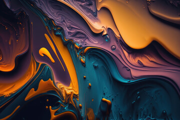 Abstract background in fluid art style. Blue and yellow acrylic paint. AI generative.