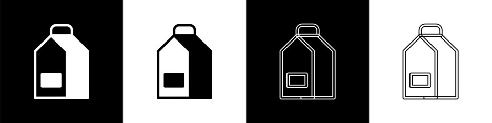 Set Paper package for milk icon isolated on black and white background. Milk packet sign. Vector