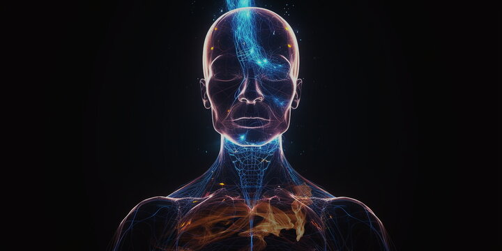 abstract human body head shape anatomy with artery brain nervous system electrogram and soul energy wave illustration ,generated ai