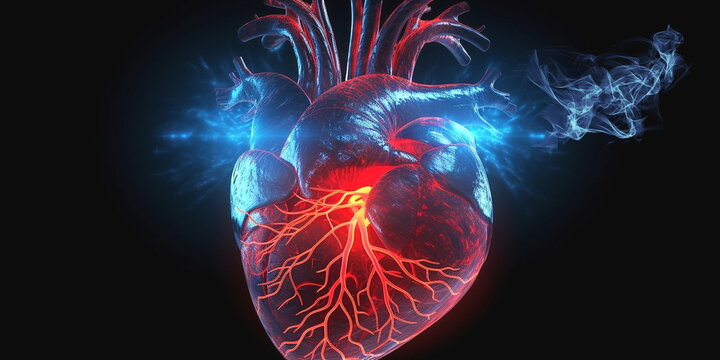 human heart,body head shape anatomy with artery brain nervous system electrogram and soul energy wave illustration ,generated ai