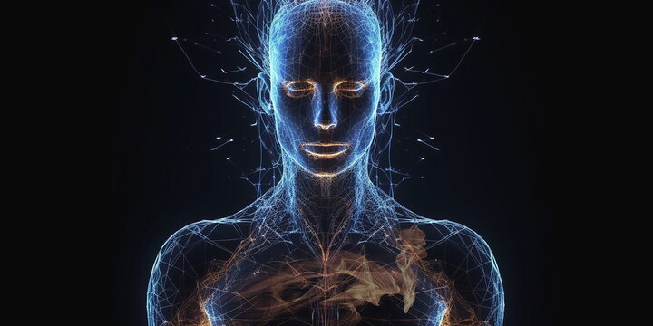 abstract human body head shape anatomy with artery brain nervous system electrogram and soul energy wave illustration ,generated ai