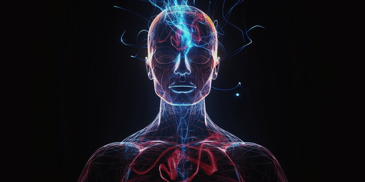 abstract human body head shape anatomy with artery brain nervous system electrogram and soul energy wave illustration ,generated ai