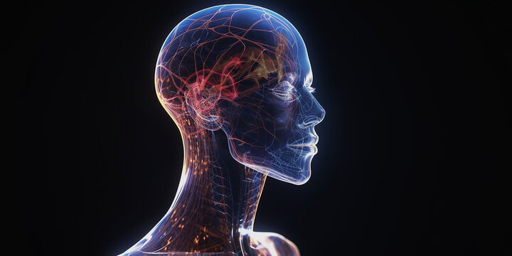 abstract human body head shape anatomy with artery brain nervous system electrogram and soul energy wave illustration ,generated ai