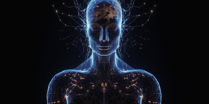 abstract human body head shape anatomy with artery brain nervous system electrogram and soul energy wave illustration ,generated ai