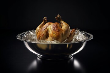 Metal Silver Dish with Well-Cooked Chicken with Cooking Foil Underneath on Black Background 