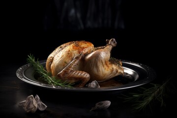 Metal Silver Dish with Well-Cooked Chicken with Toasted Skin and a Sprig of Rosemary on Black Background 