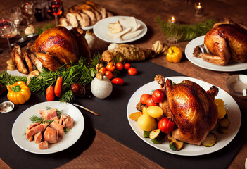 Fototapeta na wymiar Holiday Family Roast Table with a Trays of Roast Turkey with a Garnish of Vegetables on a Perfect Table with Wood Dark Veneer Generative AI